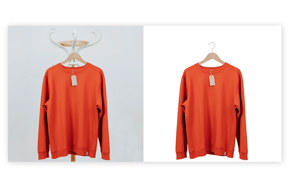 Garment & Apparel Product Photo Editing Service, Apparel Background Removal A side-by-side comparison: Left: Flat product photo with a busy background. Right: The same product with a perfectly removed background, ready for versatile use.